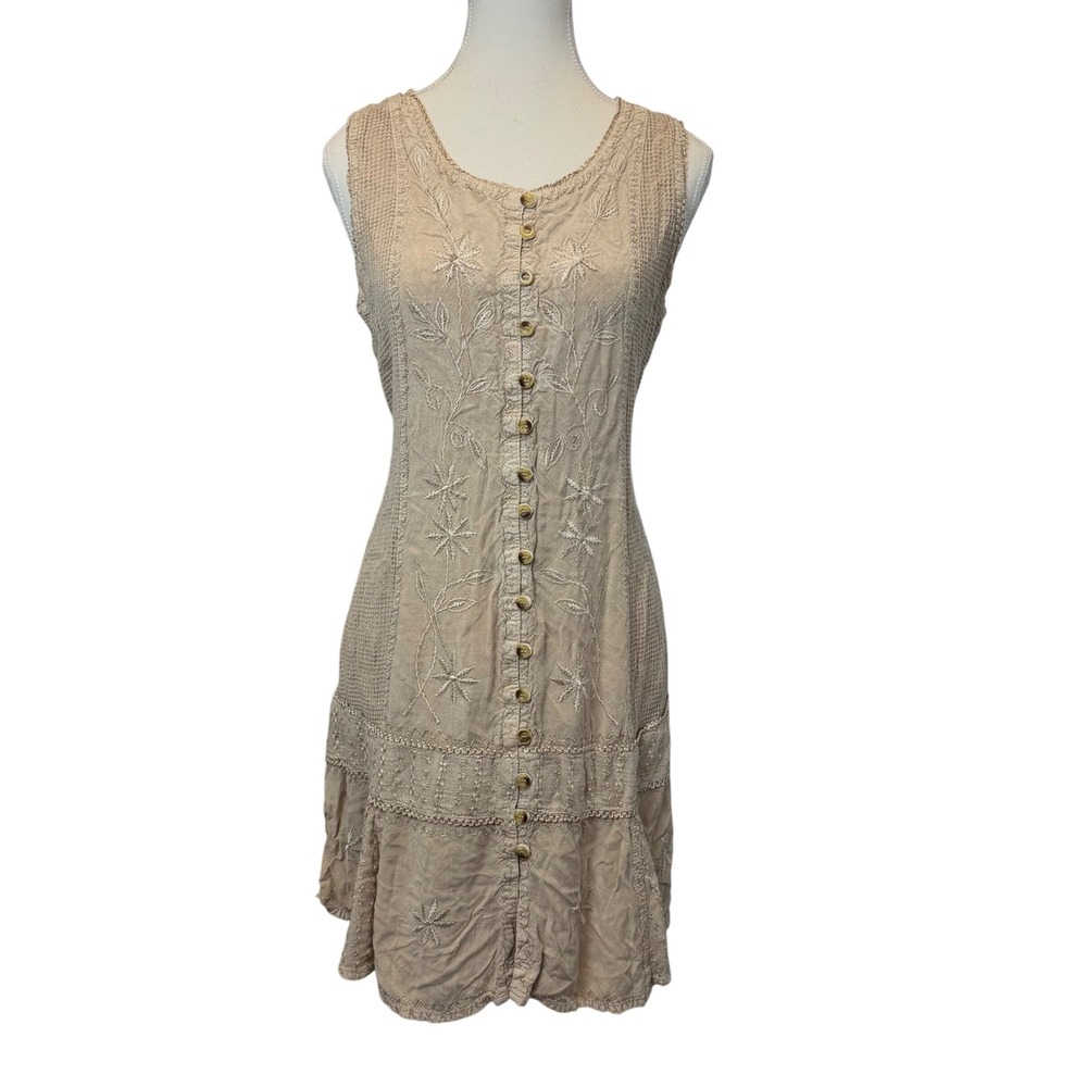 Raya Sun Womens XL Embroidered Button Front Sleeveless Boho Tunic Brown Resort